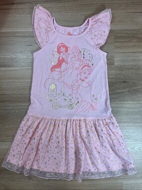 Disney Store Princess Deluxe Nightgown Pink Tulle Gold Foil Star Pajamas Sz 7/8